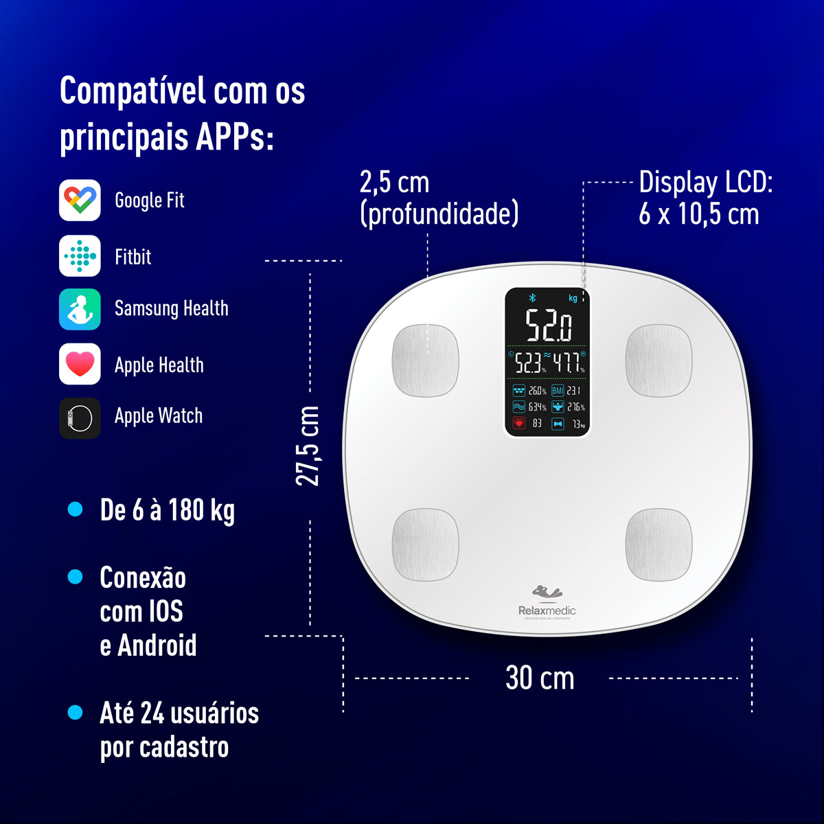 Balança de Bioimpedância Digital App Cardio Relaxmedic Relaxmedic